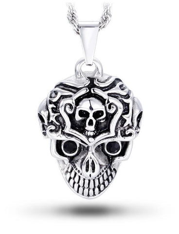 JKJF Totenkopf Anhänger Halskette Edelstahl Skull Kette Gotik Hip Hop Punk  Rock Schädel Halskette für Herren - Silber : : Fashion